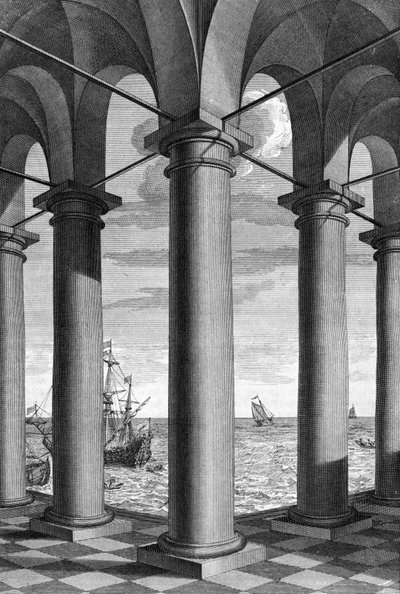 في الهندسة المعمارية ، يظهر منظر بحري خلف مبنى مدعوم بأروقة: لوحة مستمدة من "De Architectura Libri decem" بواسطة ليون باتيستا ألبيرتي (1404-1472) ، مهندس معماري وعالم رياضيات وشاعر إيطالي من عصر النهضة ، لندن بواسطة ليون باتيستا ألبيرتي
