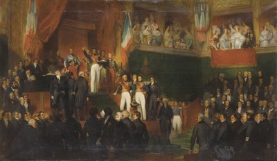 لويس فيليب (1773-1850) أقسم العهد القديم للحفاظ على ميثاق 1830 في وجود الغرف ، 9 أغسطس 1830 لوحة رسمها ليون-جان-باسيل بيرول واستوديوه - لويس فيليب الأول يؤدي اليمين كملك قبل مجلس النواب ، 9 أغسطس 1830 م بواسطة ليون بازيل بيرولت