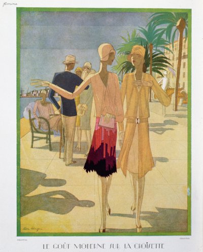 أشخاص من المألوف يتجولون في Croisette Promenade في مدينة كان ، رسم توضيحي من مجلة Femina ، عيد الميلاد عام 1927 (لون ليثو) بواسطة ليون بينيني