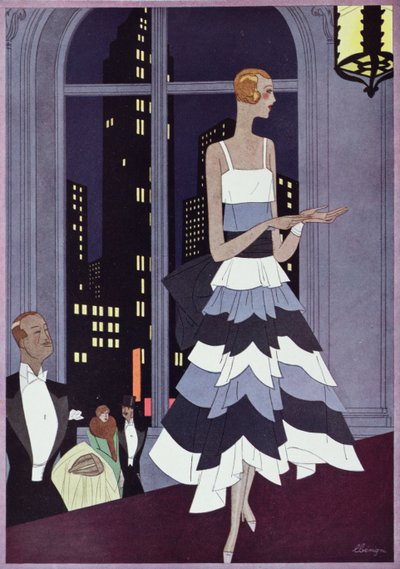 تحت أعين ناطحات السحاب في نيويورك ، لوحة أزياء من مجلة Femina ، ديسمبر 1928 (لون ليثو) بواسطة ليون بينيني