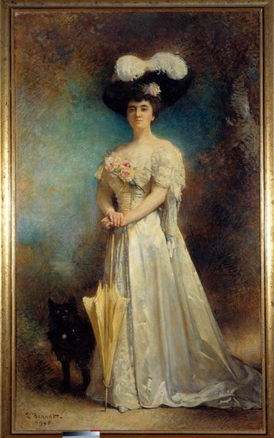 صورة كاملة الطول لمدام موريس باسكال وكلبها لوحة صغيرة رسمها ليون جوزيف بونات (1833-1922) 1905 صن. 2.17x0.9 م باو ، متحف الفنون الجميلة - صورة بالحجم الكامل لمدام موريس باسكال وكلبها صغير الحجم. لوحة ليون جوزيف بونات (1833-1919 بواسطة ليون جوزيف فلورنتين بونات