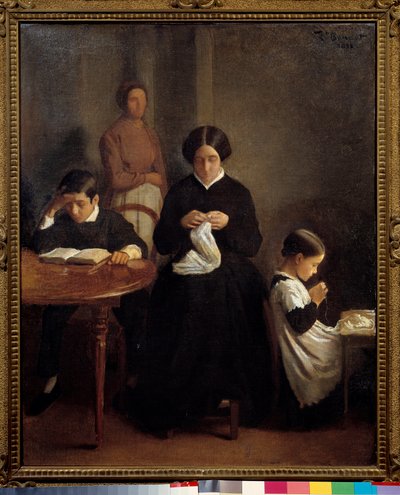 درست عائلة الفنانة Le jeune شقيقها ، بينما كانت الأم والأخت تعملان في الخياطة. لوحة ليون بونات (1833-1922) 1853 بايون ، متحف بونات. بواسطة ليون جوزيف فلورنتين بونات