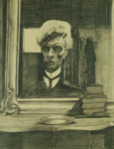 تصوير شخصي؛ صورة ذاتية ، حوالي 1907 (فحم وقلم تلوين على ورق برتقالي) بواسطة ليون سبيليرت