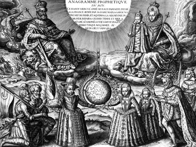 العائلة المالكة الفرنسية عام 1607 (دعاية): الملك الفرنسي هنري الرابع وزوجته الملكة ماري دي ميديسي يحملان ابنتهما كريستين ؛ في الأسفل: أطفالهم الآخرون: المستقبل لويس الثالث عشر وإليزابيث وهنرييت ماري. على r: الملك يتبعه مرضه بواسطة ليونارد جوتييه