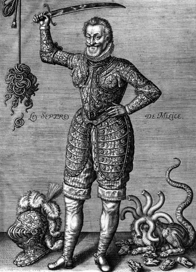 هنري الرابع (1553-1610) ملك فرنسي في 1589-1610 ، يرتدي هنا درعًا ، ويحمل سيفًا ، كمقاتل للخطأ ، نقش ليونارد غوتييه بواسطة ليونارد جوتييه