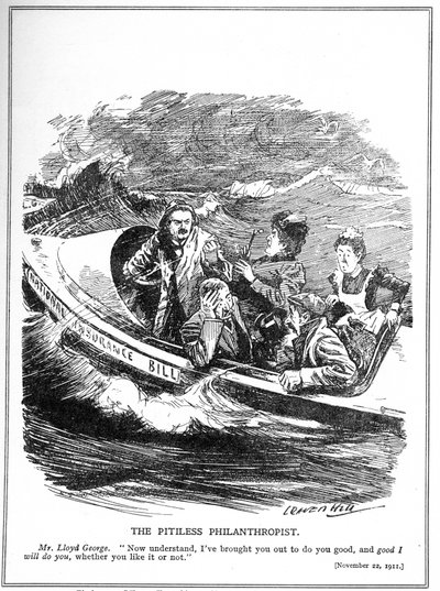 يواجه لويد جورج ، المصور على أنه بحار قارب نجاة ، معارضة لقانون التأمين الوطني ، 1911 بواسطة ليونارد رافين هيل