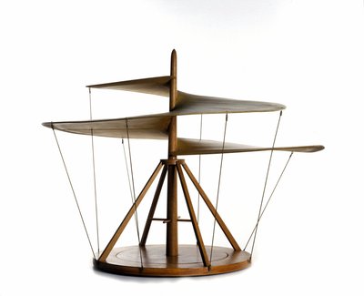 نموذج لولب هوائي مصنوع من رسم ليوناردو دافنشي (ليوناردو دافنشي) ، آلة طيران ، سلف مروحية - متحف العلوم والتكنولوجيا ليوناردو دافنشي ، ميلانو بواسطة ليوناردو دا (بعد) فينشي