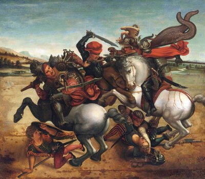 La lutte pour l'etendard - The Fight for the Standard from the Battle of Anghiari par Leonardo Da Vinci، Follower. زيت على قماش ، مقاس: 72.8x84 بواسطة ليوناردو دا (من أتباع) فينشي