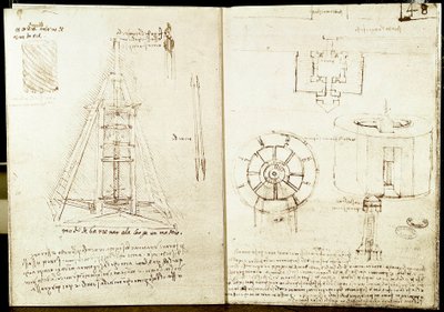 العمارة والفن العسكري: الصفحة اليسرى: تدور. سلم دائري حول برج. حفر شعاع. الصفحة اليمنى: مخطط مدخل مدينة محصنة. مخطط وارتفاع برج دائري محصن في البحر. مخطوطة ليونارد دي فينشي (ليوناردو) (1452-1519) باسكال بواسطة ليوناردو دا فينشي