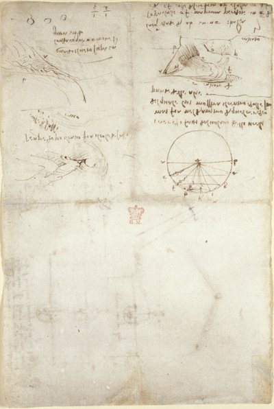 Arundel 263، f.126v ثلاث ملاحظات ورسومات على الماء ؛ رسم تخطيطي لتحليق الطيور ، حوالي 1500 - 5 (قلم وحبر على ورق) بواسطة ليوناردو دا فينشي
