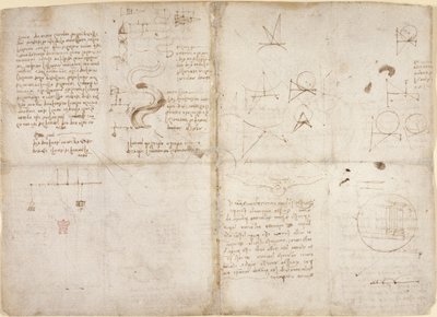 Arundel 263، f.135v، f.134 ، ملاحظات ورسوم بيانية عن الميكانيكا ؛ ملاحظات ورسومات تخطيطية حول مجاري الأنهار وتدفق المياه ، من "Codex Arundel" ، حوالي 1503 (قلم حبر وحبر على ورق) بواسطة ليوناردو دا فينشي