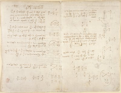 Arundel 263، f.220v، f.221، Notes؛ حسابات رياضية من "Codex Arundel" (قلم وحبر على ورق) بواسطة ليوناردو دا فينشي
