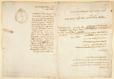 Arundel 263 f.236v، f.233 ملاحظات عن الماء ؛ رسم تخطيطي يوضح الكرة الأرضية ، من "Codex Arundel" (قلم وحبر على ورق) بواسطة ليوناردو دا فينشي