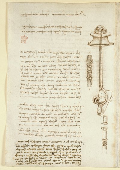 Arundel 263، f.24v ملاحظات ورسوم تخطيطية توضح دراسة ليوناردو لجهاز التنفس لغواص (1508) ، من "Codex Arundel" (قلم وحبر على ورق) بواسطة ليوناردو دا فينشي