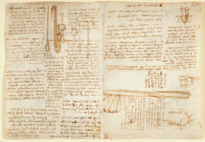 Arundel 263 f.269v، f.264 ملاحظات ورسم تخطيطي على جهاز هيدروليكي ، من "Codex Arundel" (قلم وحبر على ورق) بواسطة ليوناردو دا فينشي