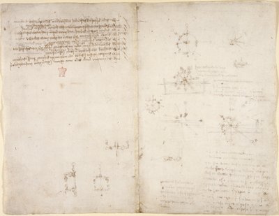 Arundel 263، f.35v، f.34 رسومات حول القوى والقوى الميكانيكية ، والإيقاع ، والجاذبية ، والحركة ، والبصريات ، وعلم الفلك ، مع افتراضات حسابية وهندسية مختلفة. بواسطة ليوناردو دا فينشي