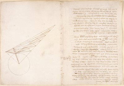 Arundel 263، f.46v، f.57 رسم تخطيطي للبصريات ، بخصوص مشكلة ابن الهيثم ، من "Codex Arundel" (قلم وحبر على ورق) بواسطة ليوناردو دا فينشي