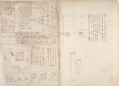 Arundel 263، f.72v، f.69 ملاحظات ورسوم بيانية عن الميكانيكا ومركز الثقل ، من "Codex Arundel" ، c.1503-5 (قلم حبر وحبر على ورق) بواسطة ليوناردو دا فينشي
