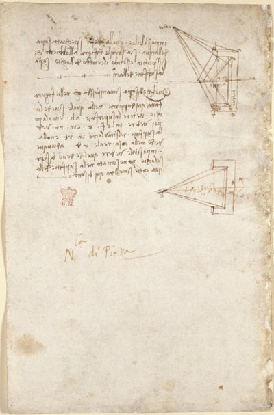Arundel 263، f.93v ملاحظات ورسم تخطيطي على البصريات ؛ ملحوظة "N.la di Pit.ra" بواسطة ليوناردو دا فينشي