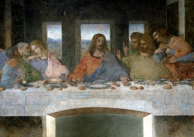 التفاصيل من Cene (Il Cenacolo (Ultima Cena)) تمثل على اليسار Apoles Judas و Peter و John والمسيح في الوسط و Apoles Thomas و James The Major و Philip. الحرف الخامس بين يوحنا والمسيح يشير إلى كأس الكأس أو ال بواسطة ليوناردو دا فينشي