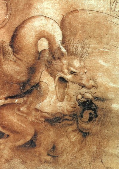 تفاصيل التنين من الرسم قتال بين حبر التنين وحبر الأسد البني مع غسله على الورق بواسطة Leonardo da Vinci