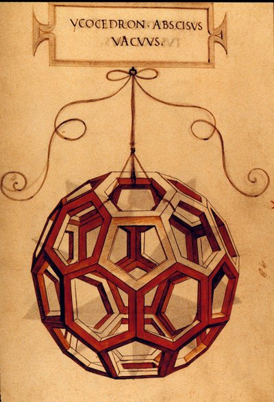 Geometry: “” An Icosahedron”” Page taken from the manuscript “” De divina proportione”” (On divine proportions) by mathematician Fra Luca Pacioli dit Luca di Borgo (1445-1517) illustrated by Leonardo da Vinci (1452-1519).1509. بواسطة ليوناردو دا فينشي