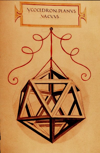 الهندسة: "" An Icosahedron "" صفحة مأخوذة من مخطوطة "De divina ratioe" (عن النسب الإلهية) لعالم الرياضيات فرا لوكا باسيولي ديت لوكا دي بورجو (1445-1517) برسم ليوناردو دافنشي (1452-1519). 1509. بواسطة ليوناردو دا فينشي