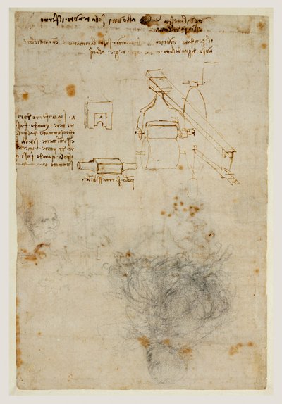 رأس رجل عجوز ودراسة الآلات ، c.1503-06 (طباشير أسود وقلم وحبر بني) بواسطة ليوناردو دا فينشي