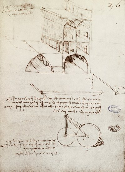 Manuscript B, f 36 r Architectural studies, development and sections of buildings in city with raised streets (pen & ink on paper) بواسطة ليوناردو دا فينشي