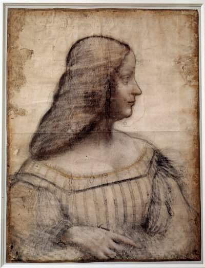 صورة لامرأة تُعرف باسم إيزابيلا ديستي (1474-1539) ، ماركيز مانتوا رسم بالحجر الأسود والدم بواسطة ليونارد دي فينشي (ليوناردو دافنشي) (1452-1519) صن. 0،63x0،46 م باريس ، متحف اللوفر - صورة إيزابيلا ديستي (1474-1539) - عمل من قبل بواسطة ليوناردو دا فينشي