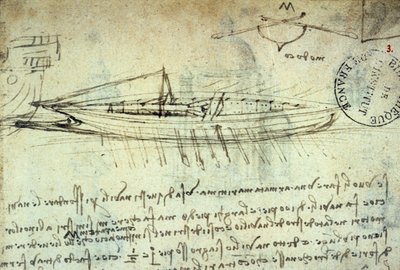 دراسة قارب مجهز بسلسلة من المجاديف ليونارد دي فينشي (ليوناردو دافنشي) (1452 - 1519). الرسم بالقلم والحبر. مخطوطة. مكتبة معهد فرنسا. باريس. بواسطة ليوناردو دا فينشي