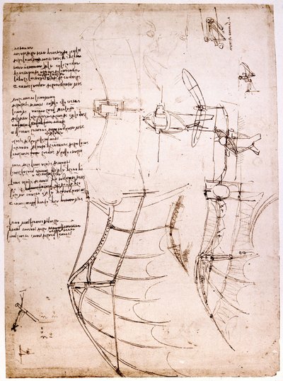 Study on wings. Codex Atlantic. Atlantic Codex, Drawing by Leonard de Vinci (Leonardo da Vinci) around 1499. بواسطة ليوناردو دا فينشي