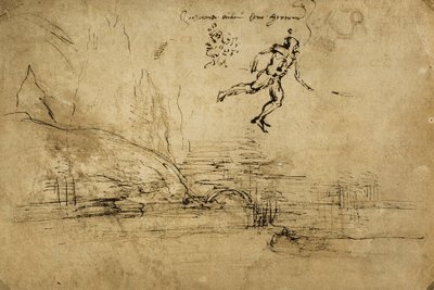 الجزء الخلفي من رسم المناظر الطبيعية مع صورة جندي: رسم بالقلم ليوناردو دا فينشي. خزانة الرسومات والمطبوعات ، معرض أوفيزي ، فلورنسا بواسطة ليوناردو دا فينشي