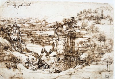 أول رسم معروف لليونارد دي فينشي (ليوناردو دافنشي) (1452-1519) ، "منظر طبيعي لسانتا ماريا ديلا نيفي": منظر طبيعي لوادي أرنو بالقرب من فلورنسا. بواسطة ليوناردو دا فينشي
