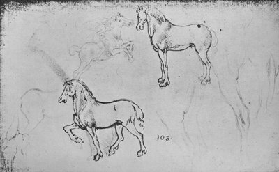 دراستان للخيول ، واحدة من فارس راكض وآخرون من أرجل الخيول ، c1480 1945 بواسطة ليوناردو دا فينشي