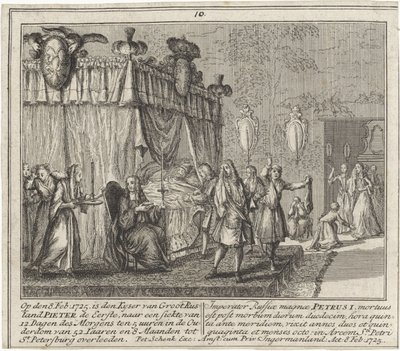 La mort de Pierre I le Grand، le 8 fevrier 1725 - The Death of Peter the Great في 8 فبراير 1725 ، بواسطة شينك ، ليونارد (1696-1767). النقش على النحاس بواسطة ليوناردوس شينك