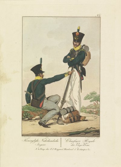 صيادان ، 1814-1818 Koninglyke Nederlandsche Jagers / Chasseurs Royale des Pays-Bas (العنوان على الكائن) سبع تمثيلات موحدة 1814-1818 (عنوان السلسلة) بواسطة جوهانس هاري (أنا)