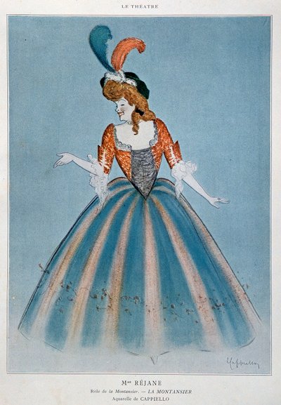 الممثل الكوميدي غابرييل شارلوت ريو دعا Rejane (1856-1920) في دور Montansier. لوحة مائية ليونيتو كابيلو (1875-1942) باريس ، فنون زخرفية بواسطة ليونيتو كابيلو