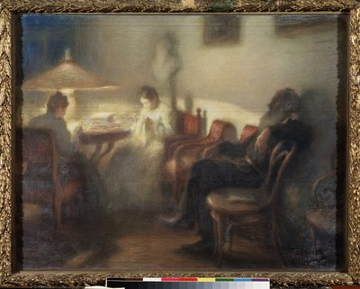 الكاتب ليون تولستوي (1828-1910) مع عائلته في ياسنايا بوليانا (المؤلف ليو تولستوي مع عائلته في ياسنايا بوليانا). عمل ليونيد أوسيبوفيتش باسترناك (1862-1945) ، باستيل على ورق بواسطة ليونيد أوسيبوفيتش باسترناك