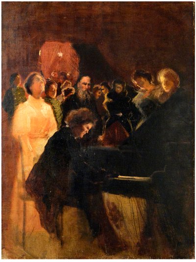 ليو تولستوي في الحفل الموسيقي الذي قدمه أنطون روبنشتاين (1829-1894) على قدم المساواة باسترناك وليونيد أوسيبوفيتش (1862-1945). باستيل على ورق مقوى مقاس 64x50 بواسطة ليونيد أوسيبوفيتش باسترناك