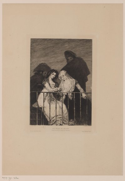 امرأتان مع رجلين خلفهما في الظل Les Majas au Balcon (العنوان على الكائن) بواسطة ليوبولد فلامنج