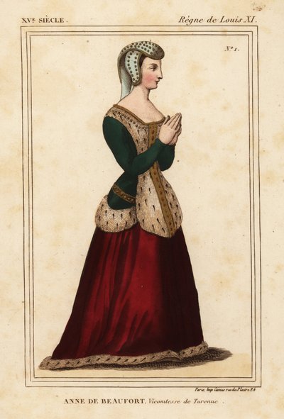 آن روجير دي بوفورت، فيكونتيسة دي تورين 1435-1479. مطبوعة حجرية ملونة يدويًا بعد نافذة زجاجية مقاومة للصدأ في كنيسة كورديليير دي نانت في محفظة روجر دي جينيير VI 11 من Le Bibliophile Jacob المعروف أيضًا باسم أزياء بول لاكروا التاريخية بواسطة ليوبولد ماسارد