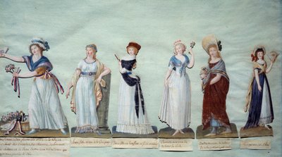شابات مختلفات يمثلن الموضة الأنثوية خلال الثورة. Gouache des freres Lesueur (القرن الثامن عشر) باريس ، متحف Carnavalet بواسطة الإخوة ليسويور