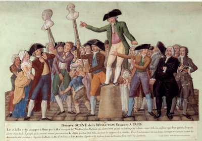 المشهد الأول للثورة الفرنسية في باريس: في 12/7/1789 ، بعد إقالة الملك لجاك نيكر ، أثار كميل ديسمولين الحشود في القصر الملكي ودعا إلى ثورة ضد الحكومة. تمثال نصفي لجاك نيكر ولويس فيل بواسطة الإخوة ليسويور