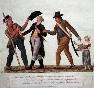 الثورة الفرنسية: "" المواطن يريد إجباره على وضع قبعة وطنية على قبعته "" Gouache des freres Lesueur (القرن الثامن عشر) متحف Carnavalet ، باريس بواسطة الإخوة ليسويور