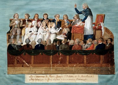 الثورة الفرنسية: "" مواطنو باريس يعرضون مجوهراتهم على المؤتمر الوطني "" Illustration des Freres Lesueur (القرن الثامن عشر). 1792-1795. متحف كارنافالي في باريس - الثورة الإنجليزية - مواطنو باريس يتبرعون بمجوهراتهم للناتي بواسطة الإخوة ليسويور