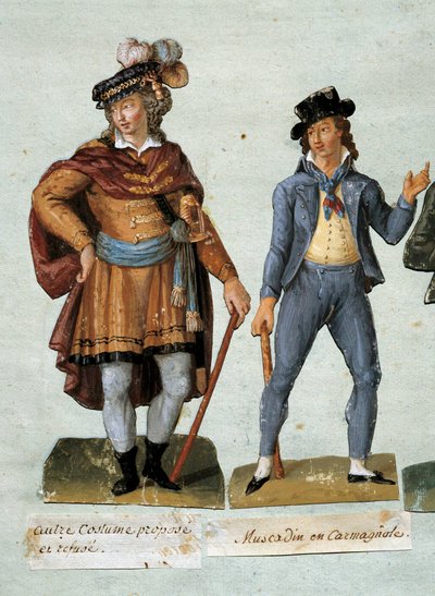 الثورة الفرنسية: الأزياء الملكية الخيالية dandys (مسكادين) ترفض. متحف Gouache des freres Lesueur (القرن الثامن عشر) Musee Carnavalet بواسطة الإخوة ليسويور