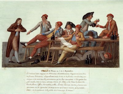 الثورة الفرنسية عام 1789: "" محكمة السجن في 2 و 3 سبتمبر "" تمثيل ساخر لمحكمة ثورية ، لا يتمتع الأعضاء بسلطة قضائية في مسائل العدالة ويحكمون في القضايا بشرب الخمر والتدخين. Gouache des freres Lesueur بواسطة الإخوة ليسويور