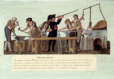 الثورة الفرنسية عام 1789: "تصنيع البنادق" المراحل المختلفة لتصنيع الأسلحة بواسطة الحدادين. Gouache des freres Lesueur بواسطة الإخوة ليسويور