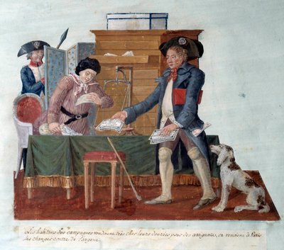 الثورة الفرنسية: باع سكان الريف طعامهم للمتنازل لهم ، ثم أتوا لمبادلته بالمال في باريس. Gouache des Freres Lesueur (القرن الثامن عشر) بواسطة الإخوة ليسويور